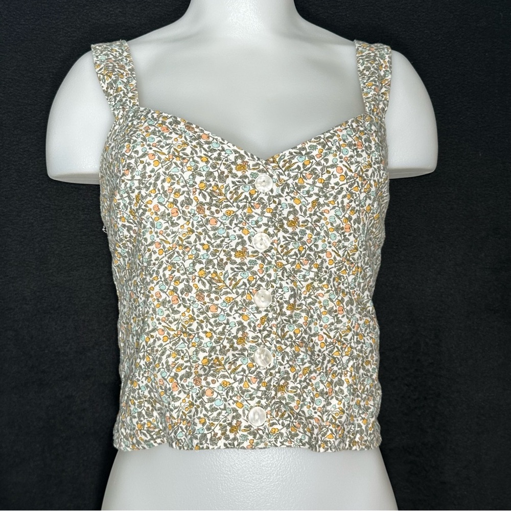 Women's M White Floral Peach Deep V-neck Crop Tank Top - Abercombie and Fitch